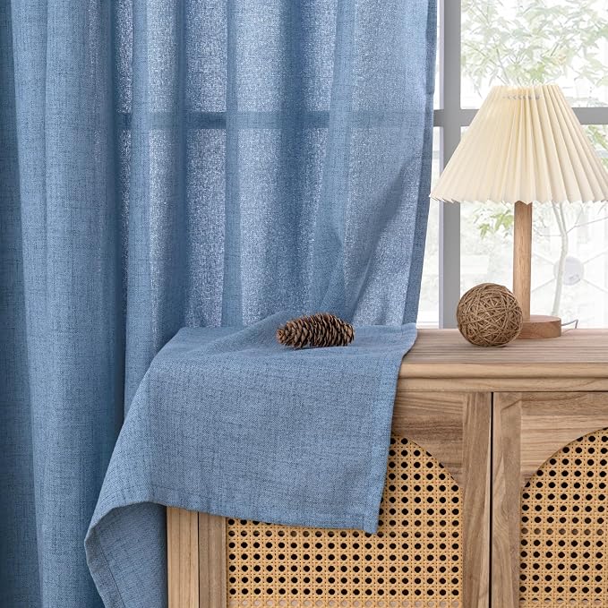 YoungsTex Denim Blue Linen Curtains 90 Inch Length for Living Room, Light Filtering Semi Sheer Window Drapes with Bronze Grommet Privacy for Office Bedroom, 52 x 90 Inch, 2 Panels