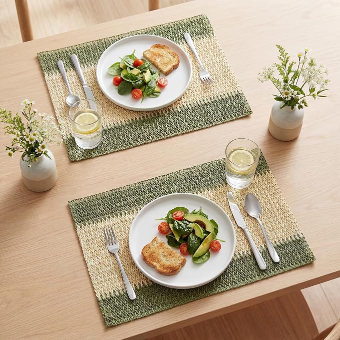Artoid Mode Dark Green Paper Woven Farmhouse Stripe Placemats Set of 4,12x18 Inch Seasonal Holiday Table Mats Party Kitchen Dining Decoration