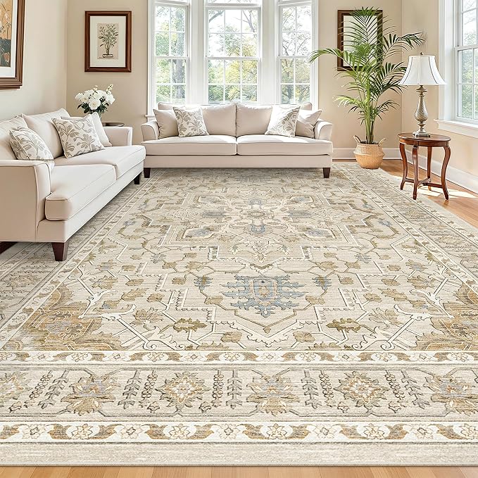 Madane 8x10 Area Rugs for Living Room, Non-Slip Washable Rug, Beige/Blue | Ultra-Thin Stain Resistant Vintage Large 8'X10' Carpet, Low-Pile Floor Mat For Bedroom Dining Room Office Home Decor