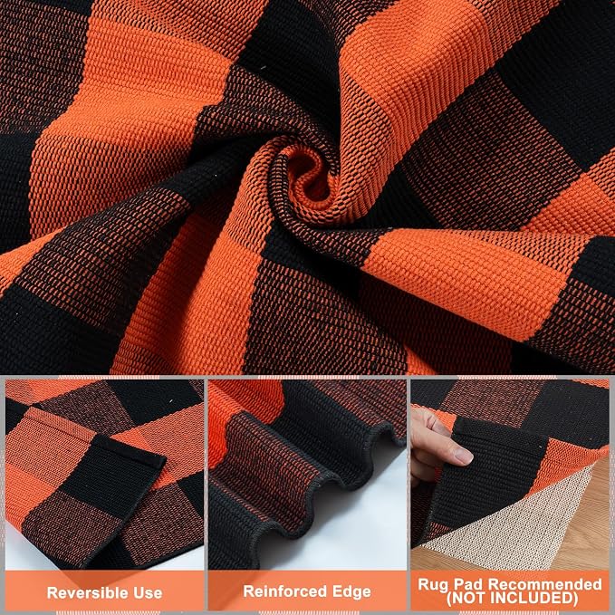 LEEVAN Halloween Buffalo Plaid Door Mat 3x5 Layering Front Porch Rugs | Washable Black and Orange Fall Thanksgiving Checkered Outdoor Doormat, Fall Decor Woven Door Mat for Patio Entryway Kitchen