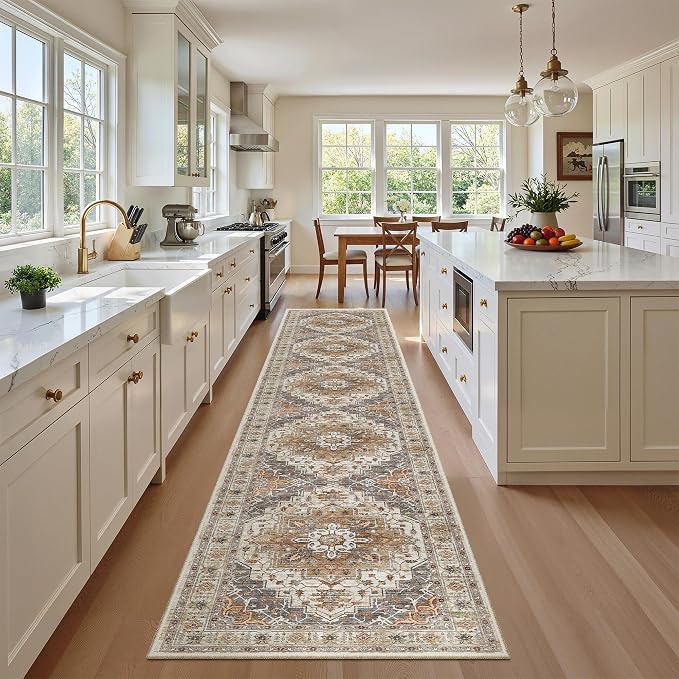 Madane Washable Runner Rugs 2x12 Long for Hallway Kitchen, Turmeric/Grey | Non-Slip Vintage Printed 12ft Rug Runners with Rubber Backing, Thin Low-Pile Floor Carpet Laundry Room Entryway, Corridor