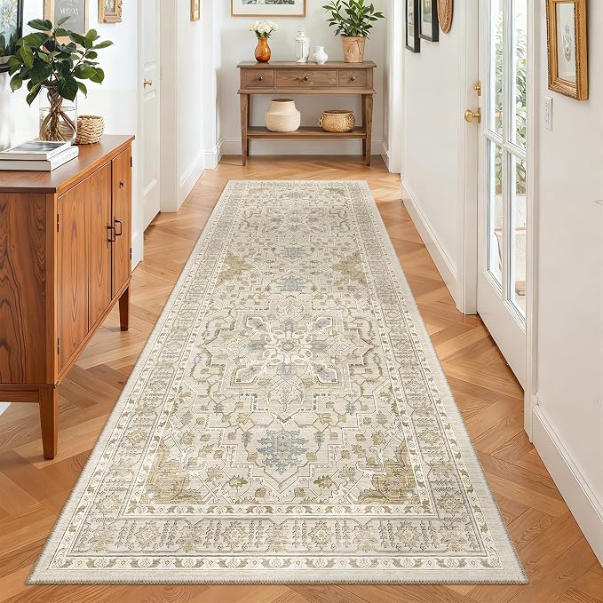 Madane Hallway Runner 3x8, Kitchen Rugs Washable Entry Rug, Beige/Blue | Vintage Non Slip Entryway Indoor Area Rugs, Soft Low-Pile Farmhouse Wide Carpet Runners for Bathroom Living Room Bedroom