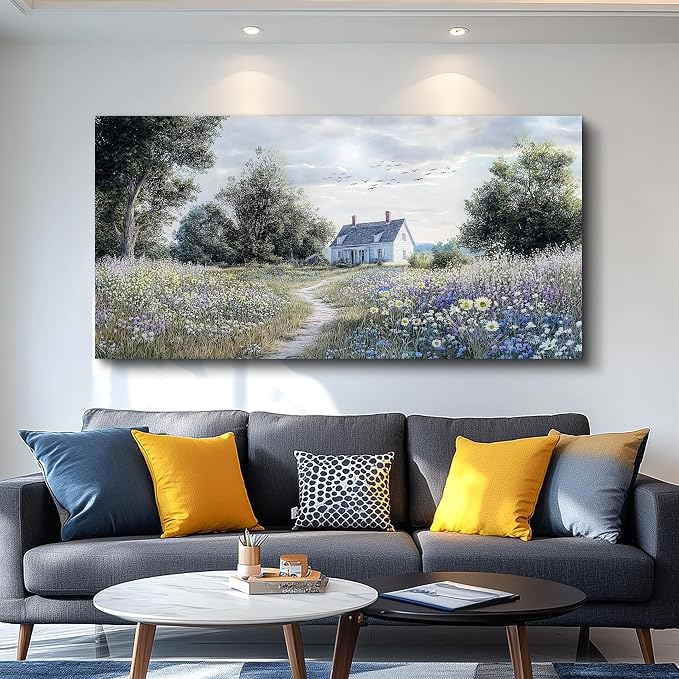 KELIYUAN Canvas Wall Art For Living Room Bedroom Wall Decor For Office Farmhouse Mural Retro Pastoral Flower Sea Landscape Painting Room Hallway Prints Artwork Picture Wall Decoration 20x40 Inches