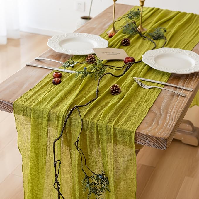 10Pcs Moss Green Cheesecloth Table Runner 120 Inches for Party Home Decor | For Wedding Baby Shower Bridal Shower Birthday Engagement Party 10FT Rustic Boho Home Decorations