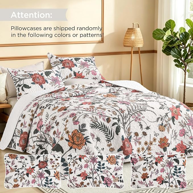 Litanika Floral White Quilt Oversized King - 3Pcs Botanical Birds Bed Set | Super King Plus Bedspread Summer Lightweight Soft Coverlet with Orange Flower for All Seasons(128"x120")