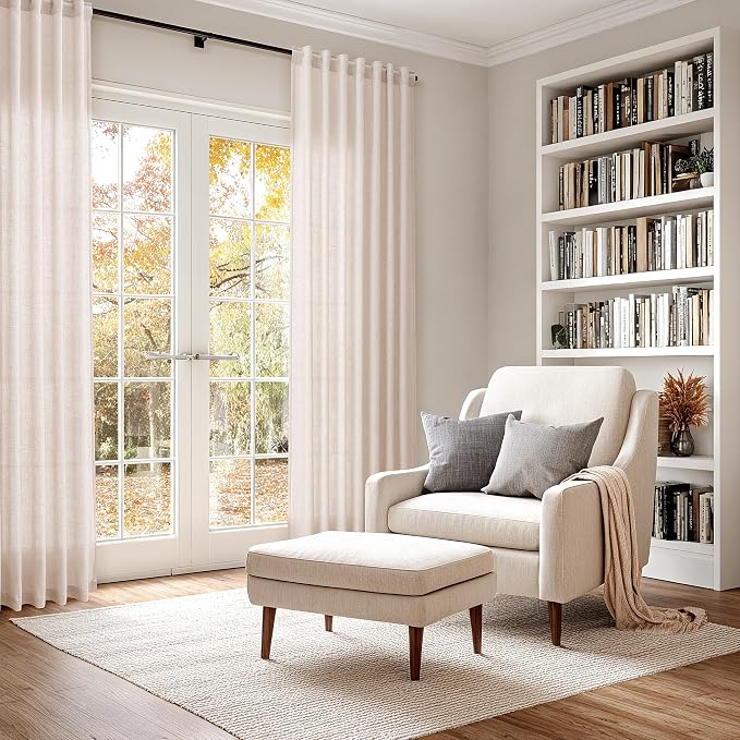 Natural White Linen Curtains 102 Inches Long for Living Room Light Filtering Farmhouse Decor Curtains Back Tab Neutral Privacy Sheer Curtain for Bedroom Office 52x102, 2 Panels