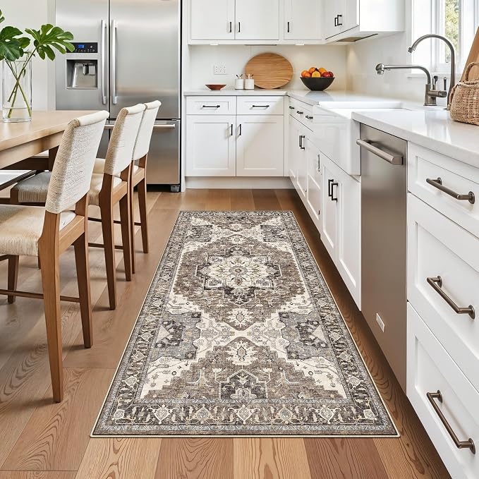 Kitchen Runner Rug 3x6 Non-Slip - Washable Vintage Rugs with Rubber Backing for Living Room Hallway Low Pile Easy Clean Carpet Soft Thin Lightweight Floor Mat for Bedroom Laundry Room(Beige,3x6)