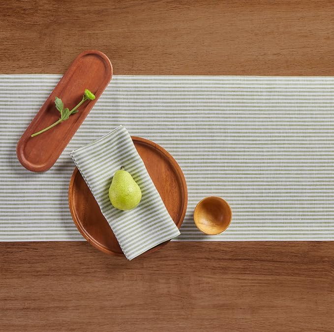 Solino Home 100% Linen Table Runner, 14 x 108 in, Avocado and White Striped | Narrow Stripe, brings a tailored look to family meals and hosting, woven stripe, European flax fibres, OEKO-TEX Certified