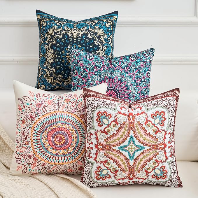 Boho Throw Pillow Covers 18X18 Inch Set of 2 Bohemian Soft Velvet Couch Pillow Cases Farmhouse Decorative Pillow Covers for Sofa Living Room Bedroom Outdoor Patio Porch Teal Geo