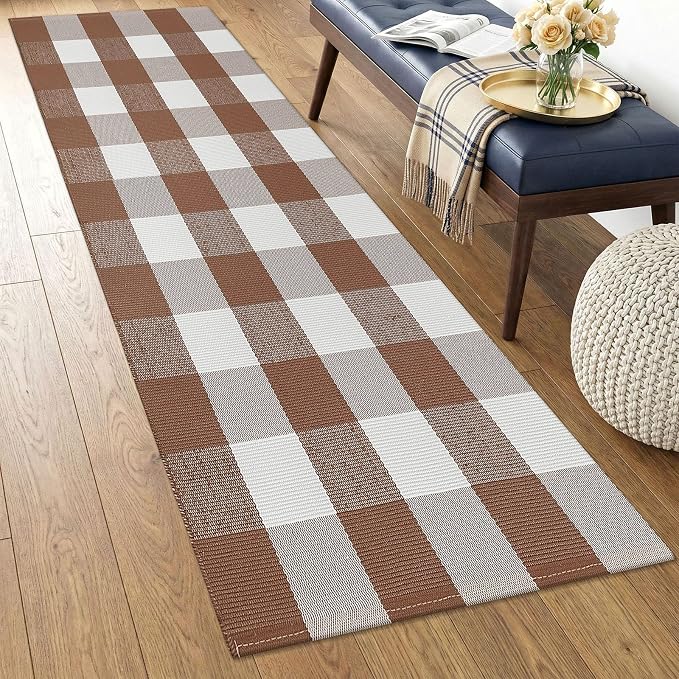 KOZYFLY Buffalo Plaid Area Rugs 2x4.3 Ft Brown and White Rug Front Door Mat | Washable Front Door Rug, Woven Cotton Indoor Outdoor Rug, Front Porch Kitchen Entryway Patio Farmhouse Checkered Doormat