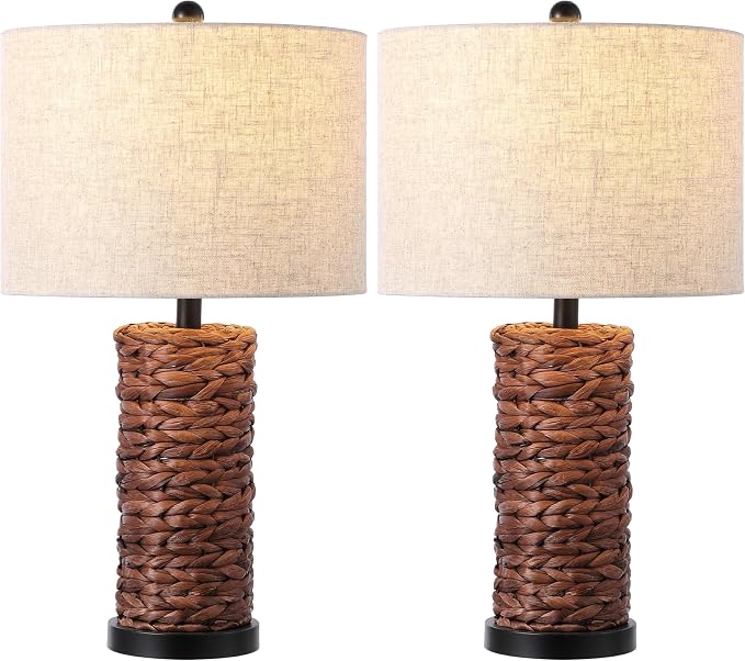 JONATHAN Y Elicia 25" Water Hyacinth Table Lamp, Dark Brown, Set of 2
