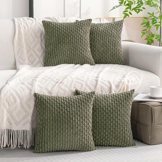 Set of 4 Olive Green Decorative Throw Pillow Covers 16x16 Inch Corduroy Pillow Covers for Bed Couch Sofa Living Room Soft Square Cushion Cases
