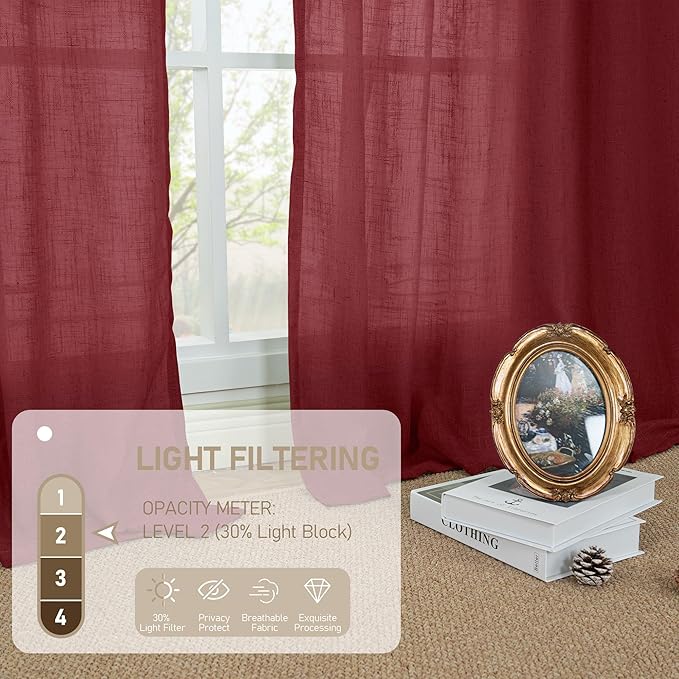 Burgundy Red Linen Curtains 48 Inch Length 2 Panels, 34 x 48 Inch | Light Filtering, Semi Sheer, Curtains for Small Windows, Kitchen, Bedroom, Boho, Christmas Decor, Bronze Grommet Drapes