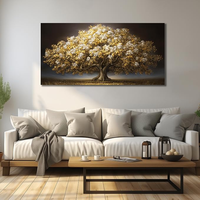 DNIEOTU Tree Wall Art for Living Room, White Flower and Gold Leaves Canvas Wall-Decor for Bedroom, Landscape Picture Prints for Hallway Office, Size 40 x 20 Inches