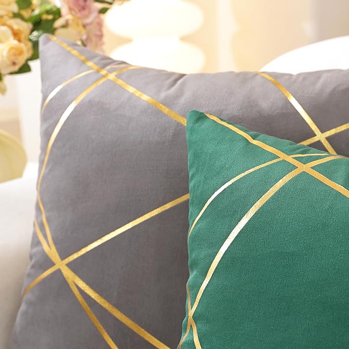 Gyulin Pack of 2,Velvet Cushion Cases Decorative Gold Foil Lines Geometric Pattern Throw Pillow Covers for Modern Homes Couch Sofa Bedroom Living Room 18 x 18 Inches White