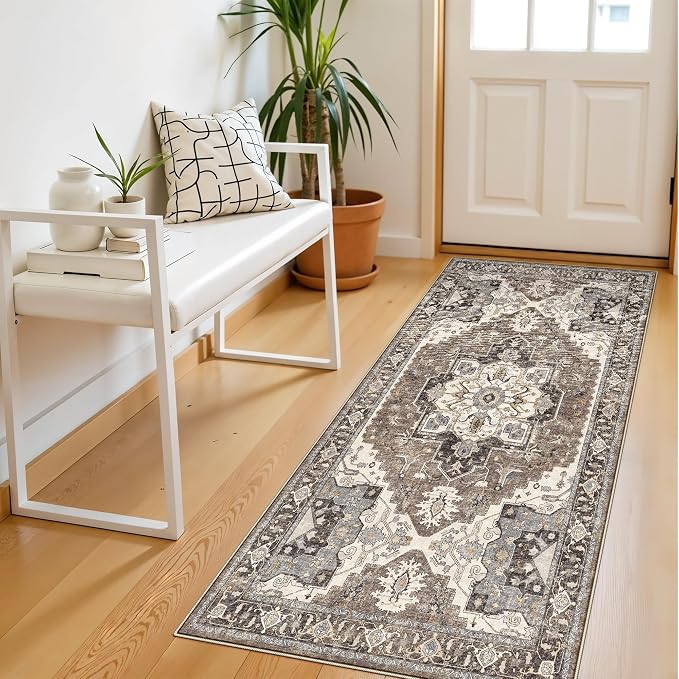 RUUGME Entryway 2x4 Runner Rug: Washable Vintage Rugs Low Pile Lightweight Stain Resistant Carpet for Kitchen Bedroom Non-Slip Soft Thin Floor Mat for Bathroom Laundry Room (Beige,2x4)