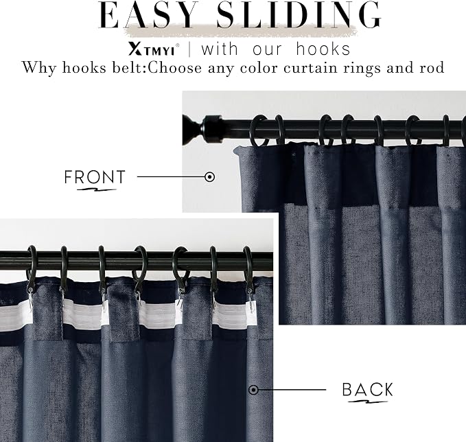 XTMYI Navy Blue Curtains 84 Inch Lengh,Linen Sheer Back Tab Hooks Pleated Light Filtering Dark Blue Kids Curtains for Boys Bedroom Living Room 2 Panel Set,Midnight/Indigo