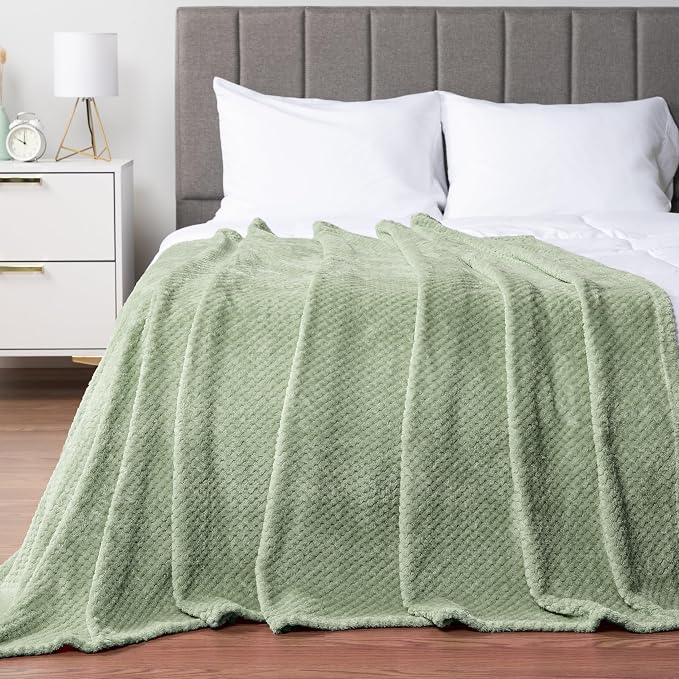 PAVILIA Sage Green Fleece Throw Blanket for Couch Sofa Bed, Soft Fuzzy Waffle Jacquard Microfiber, Warm Lightweight Fade-Resistant Decorative All Season Throw, 50x60