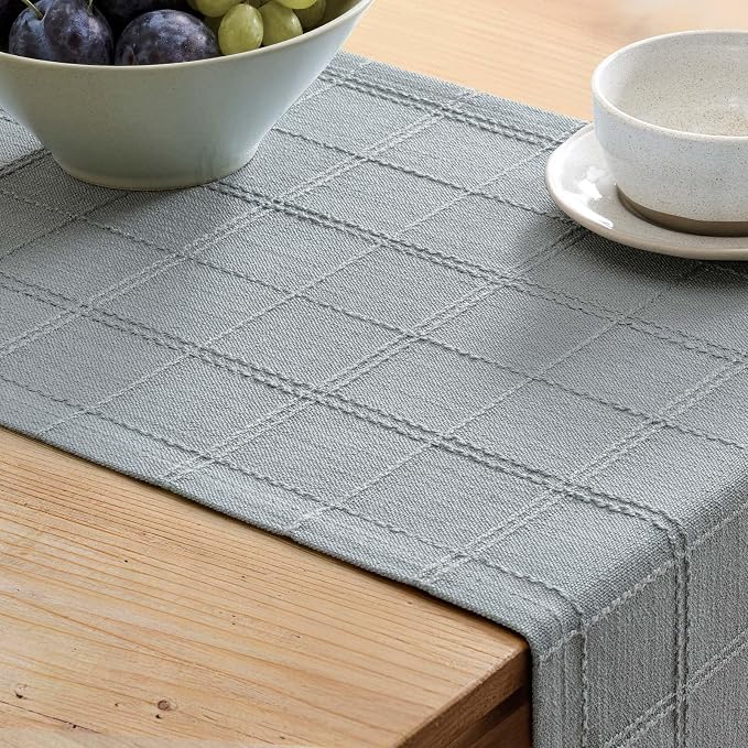 ZeeMart Linen Checked Farmhouse Table Runner, 13x36 Inches Chambray | Raised Grid Design, Rich Woven Texture, Linen Blend Table Runners 36 Inches Long, Machine Washable, Boho Home Kitchen Decor