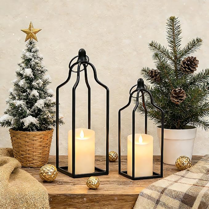 Rustic Farmhouse Decor Metal Lantern Set of 2 Decorative Lanterns for Home Indoor Outdoor Living Room, Fireplace, Patio, Wedding & Kitchen Table Centerpieces (Black, 14.5" 12.2")