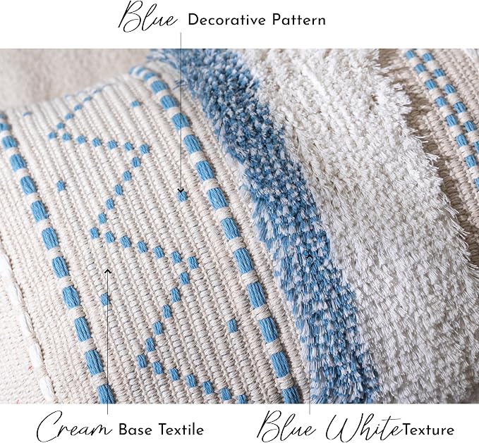 BlissBlush 20X54 Oversized Large Lumbar Pillow Cover for Bed, Rectangular Long Decorative Throw Pillowcase, Cotton Boho Accent Cushion with Blue Tufted Pattern and Tassels, Cream Neutral (Cover Only)