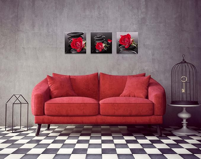 NAN Wind Red Canvas Wall Art Bedroom Wall Decor Black and White Zen Stones Spa Wall Art Rose Pictures for Living Room Kitchen Home Decorations Red Bathroom Accessories Flower Paintings Room Artwork