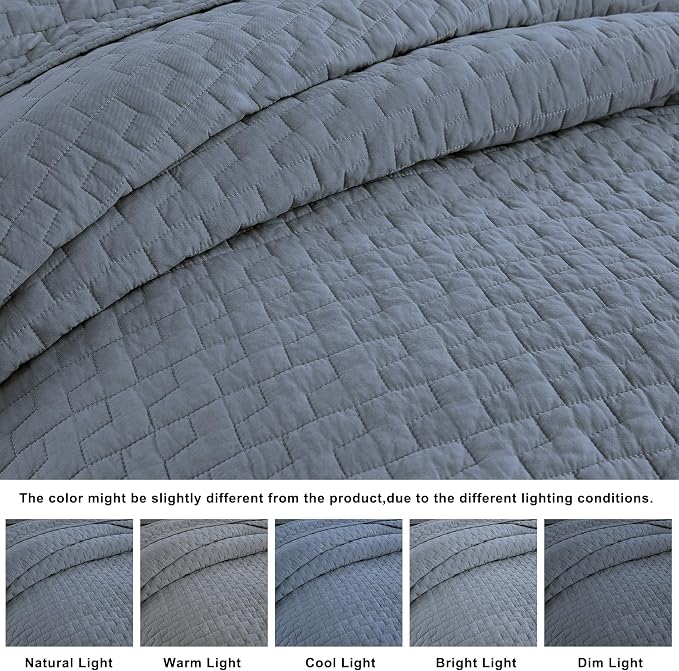 palassio Blue Grey 100% Cotton Quilt Queen Size Bedding Sets with 2 Pillow Shams, Textured Lightweight Soft Bedspread Shabby Chic Coverlet, Quilted Comforter Bed Cover for All Season, 3 Pieces