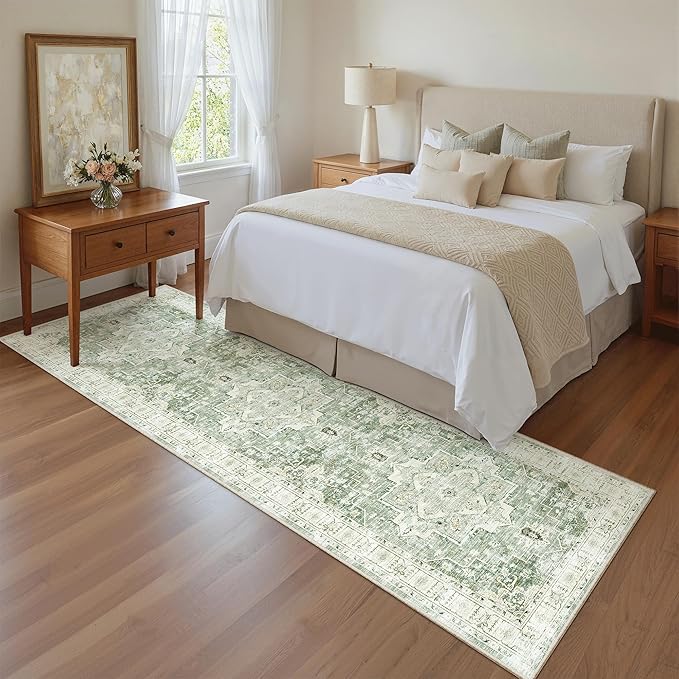 Madane Hallway Runner Rug 2x8 Washable Kitchen Rugs Non-Slip, Green/Ivory | Vintage Machine Washable Low-Pile Floor Carpet 8ft, Soft Ultra-Thin Throw Entry Foyer Mat for Entrance Laundry Living Room