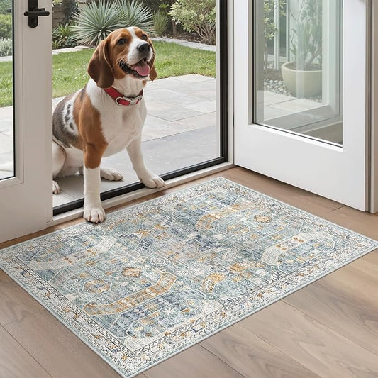 Madane Washable Area Rug 2x3 Small Entryway Rugs Non-Slip, Blue/Gold | Vintage Stain-Resistant Door Mat Indoor Entrance, Low Pile Floor Carpet for Inside Front Bedroom Kitchen Entry Laundry, Stair