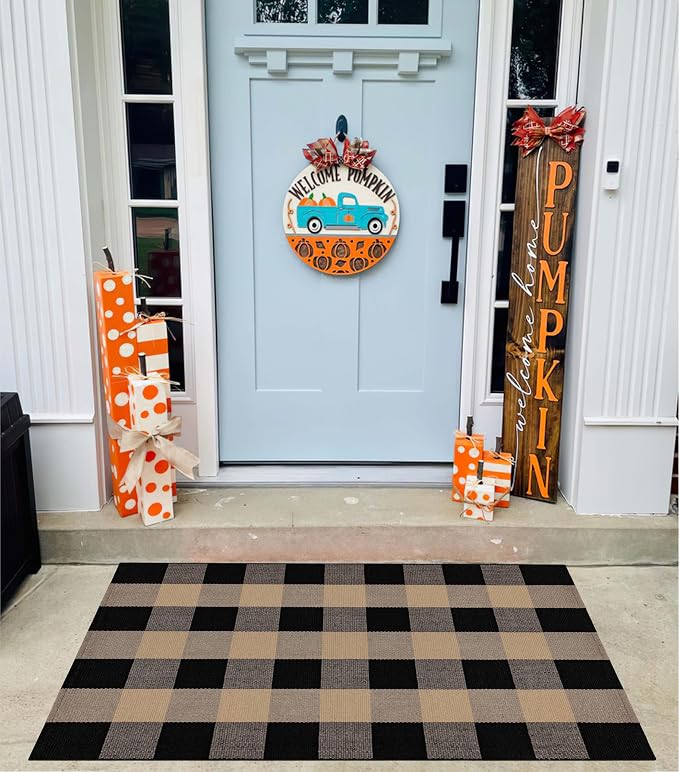 Khaki and Black Outdoor Rug 27.5''x 43.3''Checkered Layered Doormat Cotton Woven Washable Farmhouse Door Mats Outdoor for Front Porch,Entryway,Bedroom,Patio