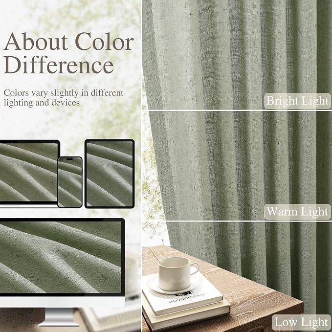 Extra Long Linen Curtains 102 Inches for Living Room Back Tab Semi Sheer Floor to Ceiling Light Filtering Curtain Boho Farmhouse Decor Window Drapes for Bedroom 2 Panels Light Sage