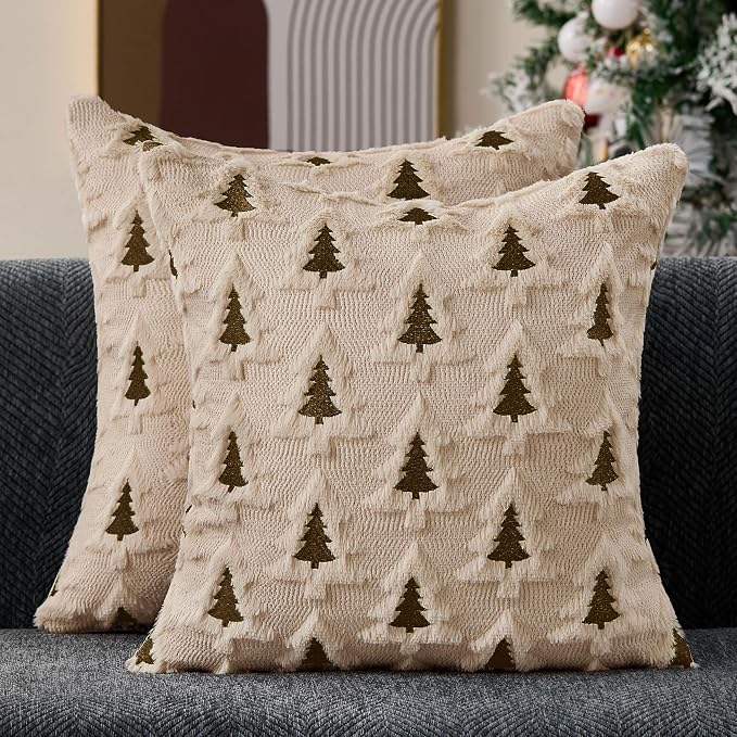 Allorry Christmas Pillow Covers 20x20 Set of 2 Beige Brown Xmas Tree Pillow Covers Soft Plush Faux Fur Christmas Decorations for Xmas Winter Holiday Home Bedroom Sofa Cushion Cases PT-008D20
