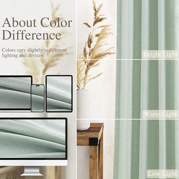 Aqua Green Linen Curtains 84 Inch Length 2 Panels Set for Living Room Rod Pocket Back Tab Light Filtering Window Drapes for Bedroom Dining Room Protect Privacy Modern Farmhouse Decor 52x84