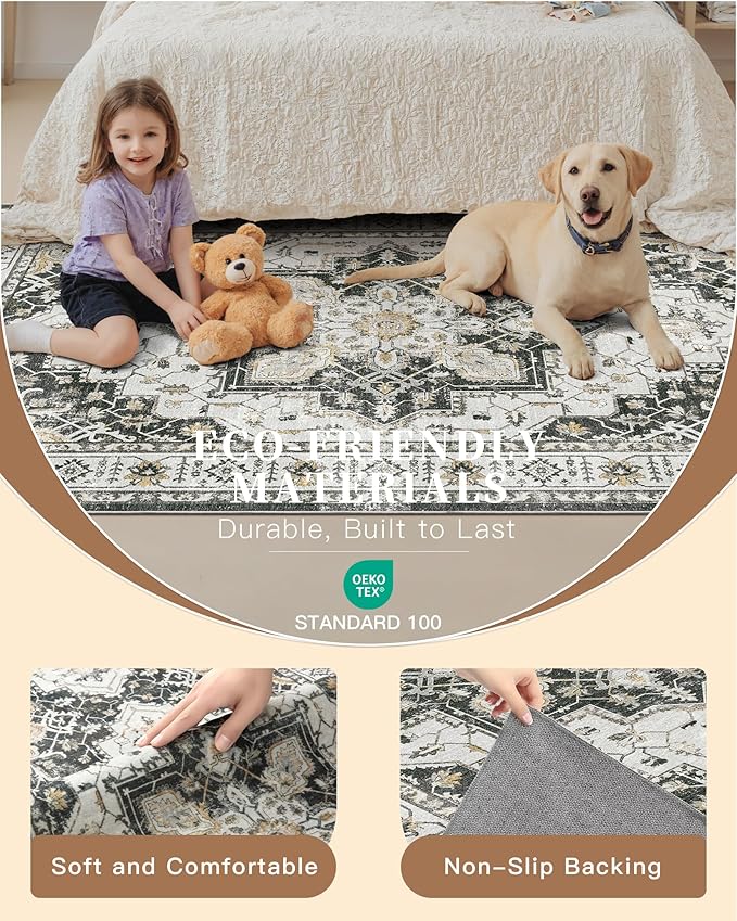 Madane 4x10 Wide Hallway Runner Rug Washable for Living Room, Black | Soft Stain Resistant Ktichen Runners 10ft, Vintage Non Slip Low Pile Area Rugs, Thin Floor Carpet for Bathroom Dining Bedroom