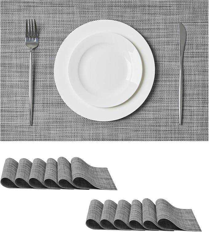 Leetaltree Grey Placemats, Heat Resistant Non-Slip Place mats for Dining Table, Washable Durable PVC Vinyl Woven Table Mats (Set of 12)