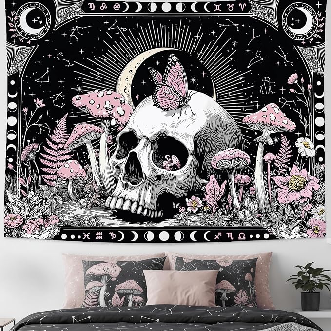 Accnicc Gothic Skull Tapestry Goth Skeleton Butterfly Mushroom Tapestries Wall Hanging Witchy Plant Floral Celestial Constellation Large Tapestry for Bedroom Living Room Dorm 80 x 60 inch