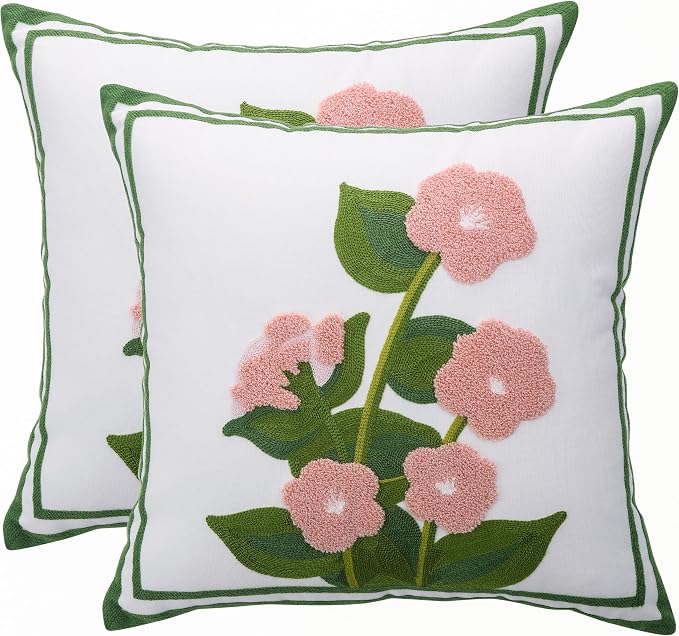 LUOYEHK Embroidered Throw Pillow Covers 18x18 Inch Set of 2 Pink Flower with Green Leaves Decorative Pillow Cases Spring Farmhouse Floral Cushion Covers for Couch Sofa Bed Living Room