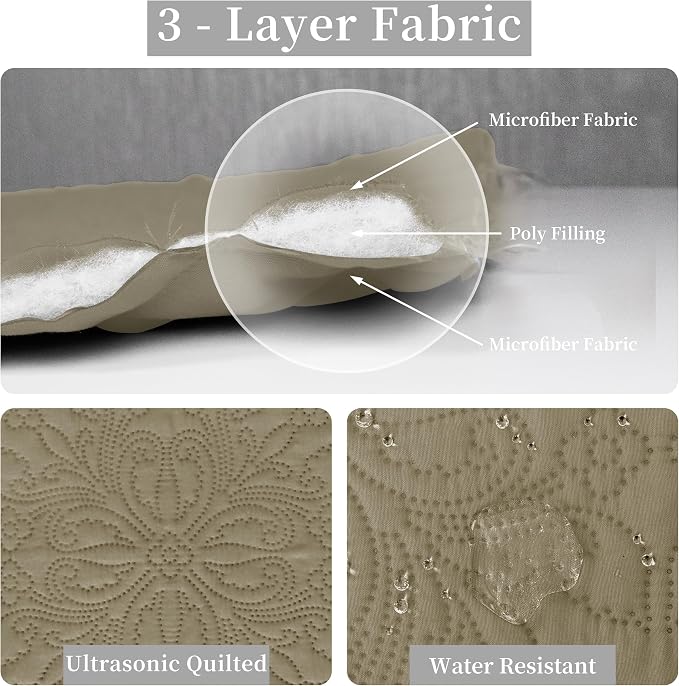 Easy-Going Reversible Quilt Set Full/Queen, Bedspread with 2 Shams | Damask-Beige/Beige, Lightweight Microfiber Bed Comforter, 1 Quilt + 2 Pillow Shams, All-Season Coverlets for Bedroom