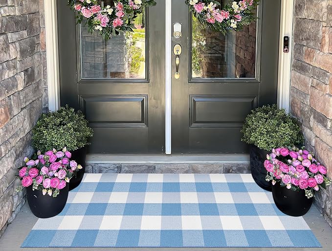 Front Porch Rug 24''x51''Light Blue and White Outdoor Rug Cotton Woven Washable Door Mat Outdoor for Layered Hello Welcome Door Mat Kitchen Farmhouse Entryway