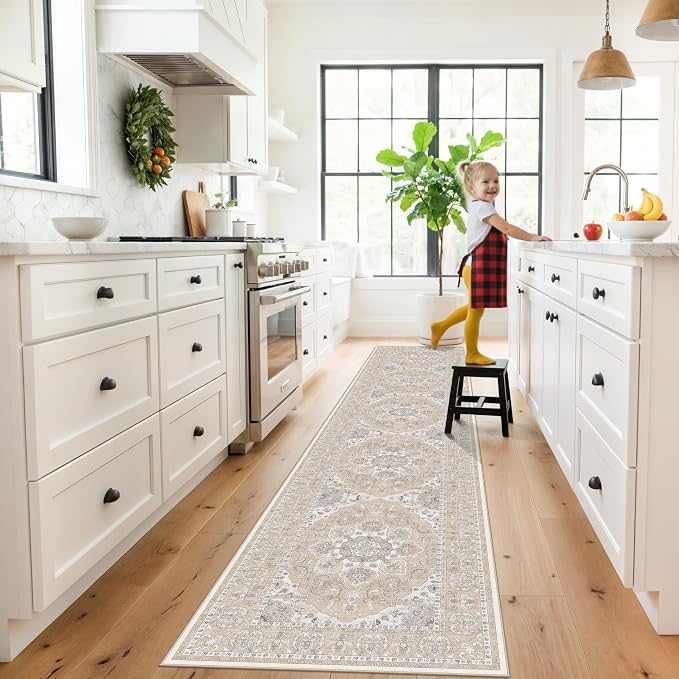 RUUGME Hallway 2'6x12 Runner Rug: Vintage Washable Kitchen Rugs Non-Slip Low Pile Carpet for Entryway Soft Thin Stain Resistant Floor Decor Mat for Bathroom Living Room Bedroom(Beige/Cream,2'6"x12')