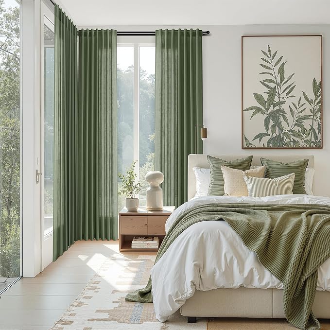 Forest Green Linen Curtains for Living Room 72 Inches Long Light Filtering Semi Sheer Curtain Back Tab and Rod Pocket Wabi Sabi Boho Decor Luxury Drapes for Bedroom Office 52x72, 2 Panels