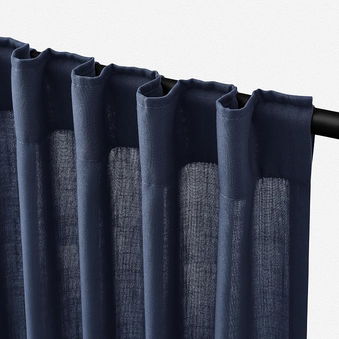 Jowels Navy Linen Curtains 84 Inch Long 2 Panels for Living Room | Navy Blue Light Filtering Semi Sheer Curtain,Back Tab Pocket Pleated Look,Boho Textured Privacy Drapes for Bedroom Window