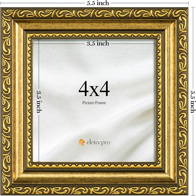 eletecpro 4x4 Vintage Picture Frame, Glass Cover, Gold, 2-Pack