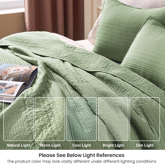 Love's cabin King Size Cotton Quilt Set, 100% Cotton Fabric Striped Textured Coverlet with Crinkled Look, Lightweight Quilted Bedspread for All Season, Includes 2 Pillow Shams, Sage Green