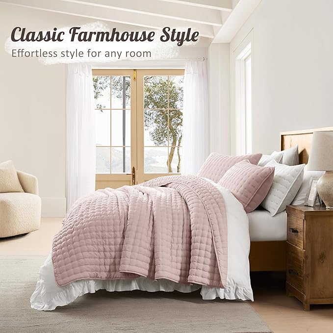 WDCOZY Pink King Size Quilt Bedding Sets with Pillow Shams, Lightweight Soft Bedspread Coverlet, Quilted Blanket Thin Comforter Bed Cover, All Season Summer Spring, 3 Pieces, 104x90 inches