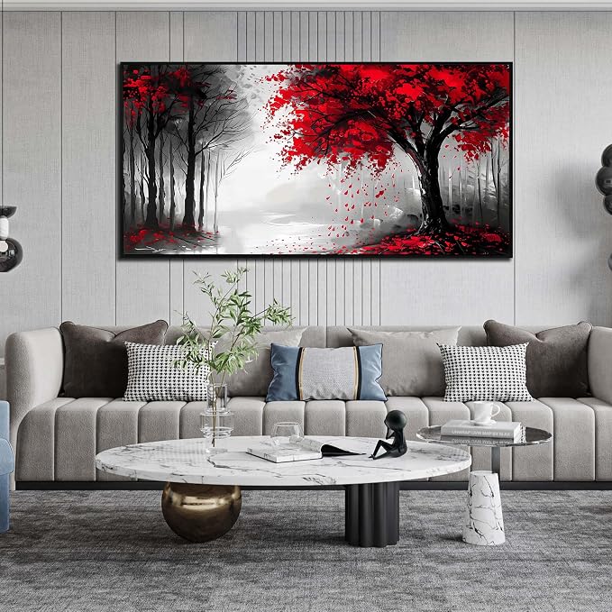 Large Canvas Wall Art for Living Room Black White and Red Tree of Life Print Pictures Painting With Black Wood Framed Wall Decor for Bedroom Modern Home Forest Wall Decorations Artwork Size 30x60 Ready to Hang