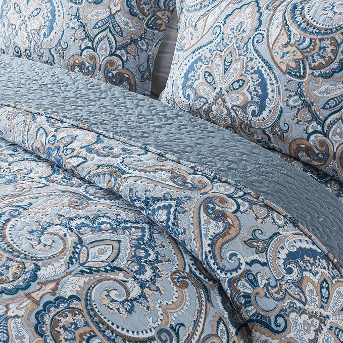 NEWLAKE Cotton Bedspread Quilt Sets-Reversible Patchwork Coverlet Set, European Grey Floral Pattern, King Size