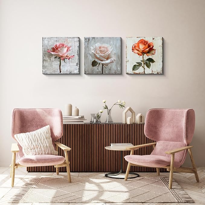 NAN Wind 3 Panel Rose Canvas Art with Distressed Wood Frame Vintage Botanical Wall Art for Farmhouse Decor Pink Orange Rose Gallery Wall Set Ready to Hang Floral Prints for Living Room Bedroom Kitchen