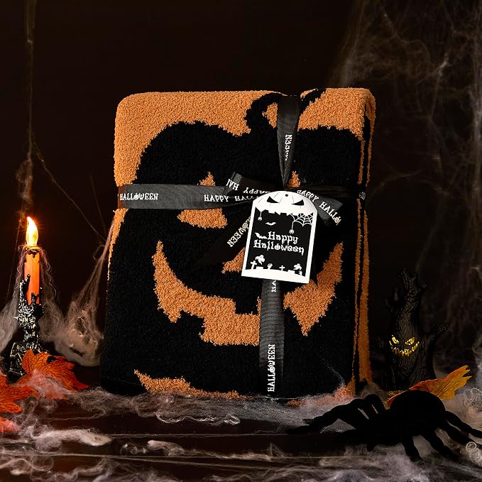 WDCOZY Halloween Throw Blanket Reversible Super Soft Knitted Blankets for Couch Bed Sofa Microfiber Warm Cozy Comfy Lightweight Fall Comfort Fluffy Fuzzy Knit Blanket Cute 50x60 Inches Pumpkin