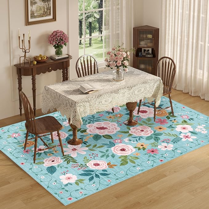 DUKINO 6x9 Area Rugs, Floral Washable Rug for Bedroom Non Slip, Teal | Soft, Low Pile, Large Indoor Rug for Living Room, Dining Room, Kids Room, Office, Pet Friendly, Home Decor, Stain Resistant